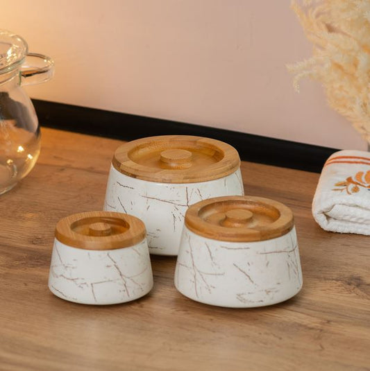 Ceramic Jar with Bamboo Lid 3 Pcs -