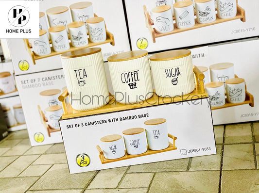 3-Piece Ceramic Jar Set with Bamboo Tray