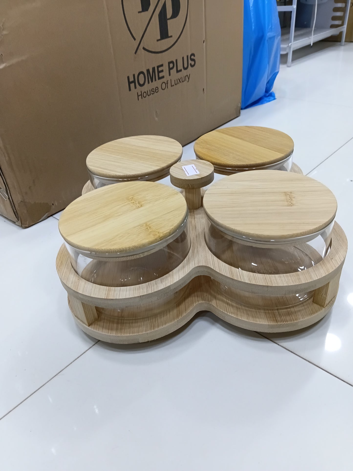 Glass Snack Bowl Set (8-11) – 4-Grid Divided Serving Tray with Bamboo Stand & Lids