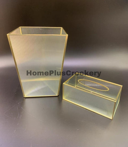 Glass Dustbin Tissue Box Set-Frosted