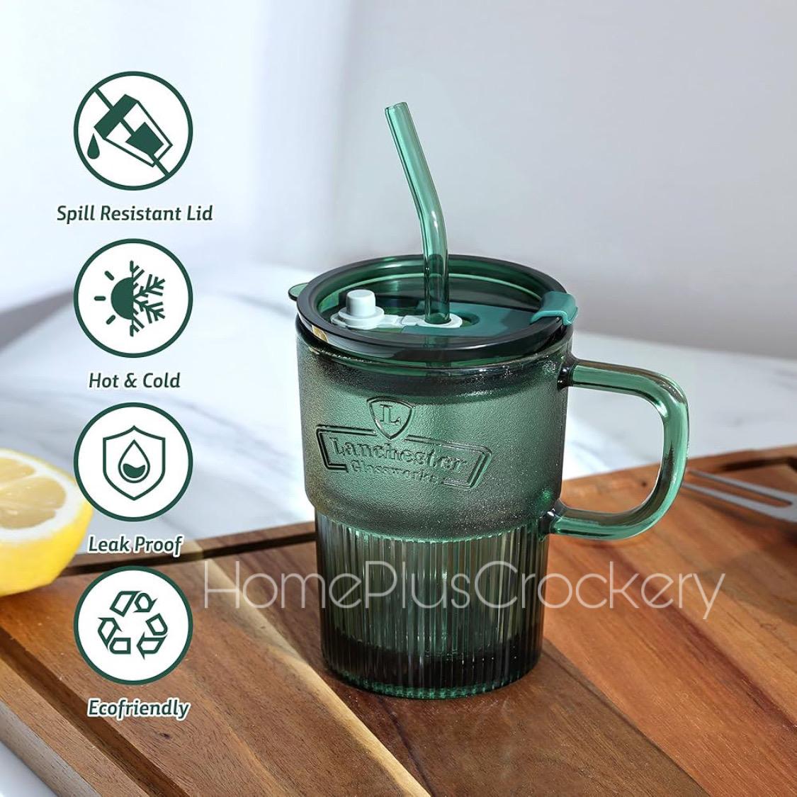 Green Glass Tumbler with Lid and Straw