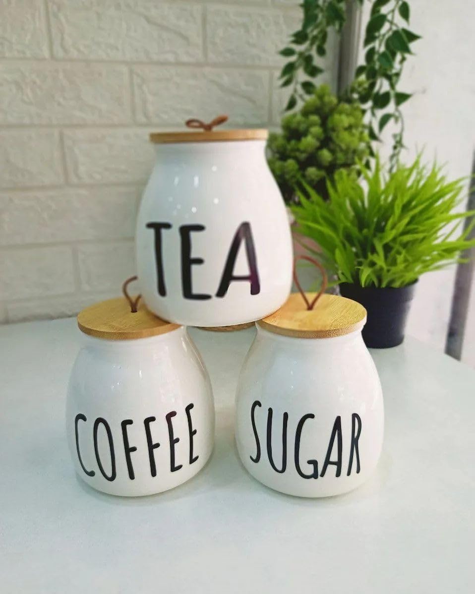 3 Pieces Tea coffee sugar on Stand Elegant Bamboo Wooden Set