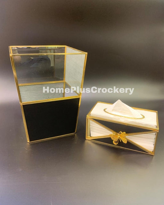 Glass Dustbin Tissue Box Set-Black