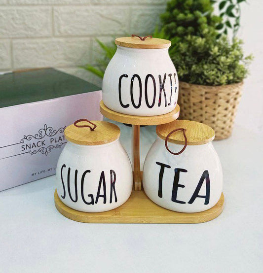 3  Pieces Tea coffee sugar on Stand Elegant Bamboo Wooden Set