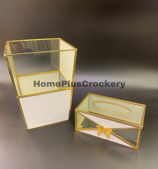 Glass Dustbin Tissue Box Set-White