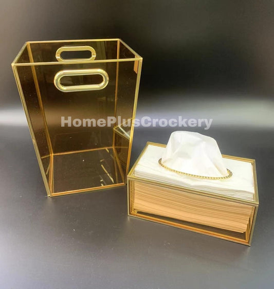 Glass Dustbin Tissue Box Set-Amber