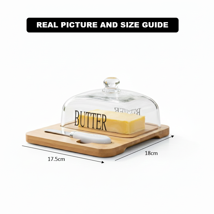 Glass Butter Dish with Bamboo Base & Knife