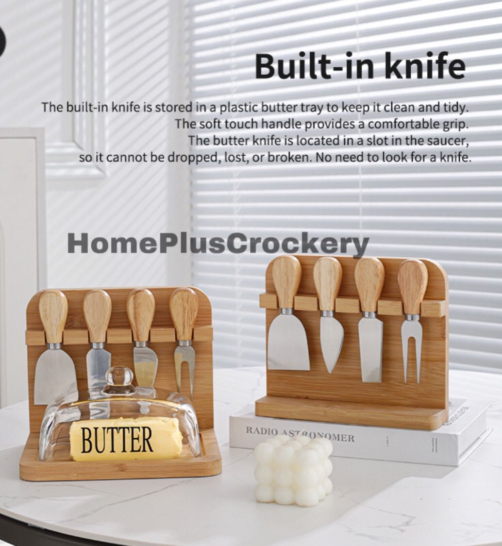 Bamboo Base Butter Dish with Rectangular Glass Dome and Small Butter Knives
