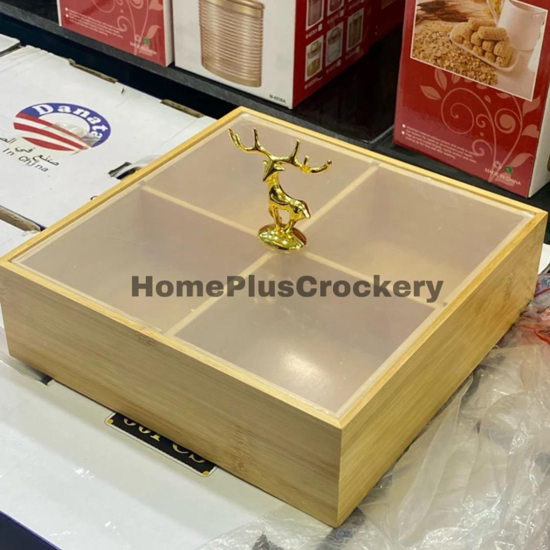 4-Piece Bamboo Dry Fruit Tray with Golden Deer Knob