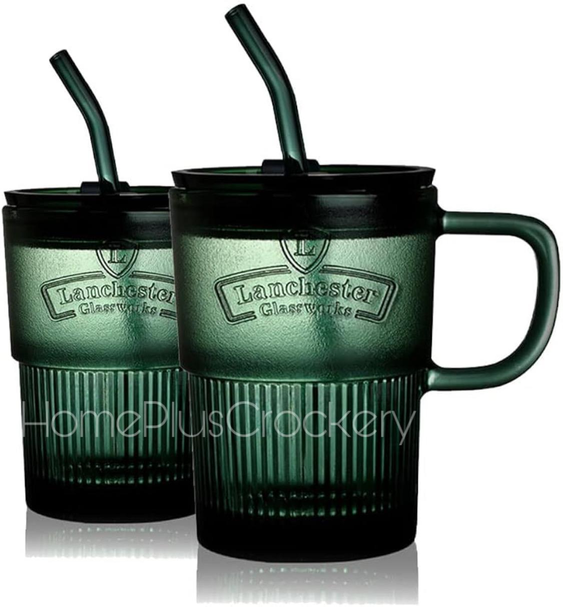 Green Glass Tumbler with Lid and Straw