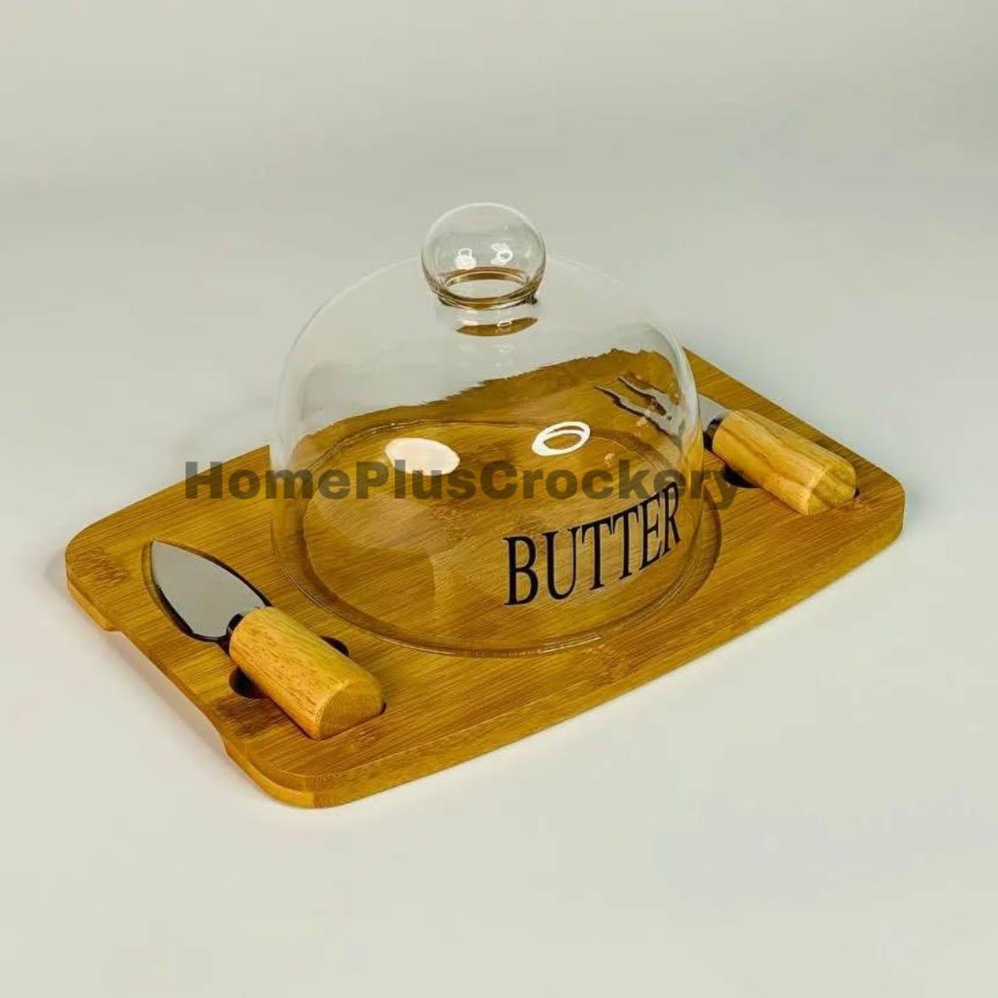 Bamboo Base Butter Dish with Glass Dome and Butter Knives