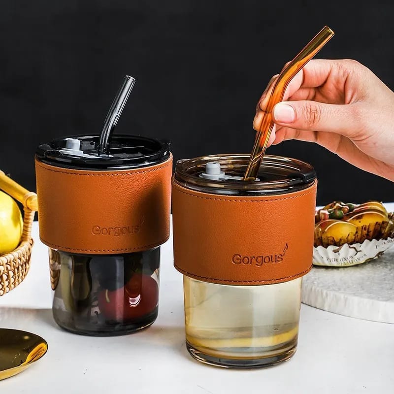 Glass Sipper With Leather and Glass Straw