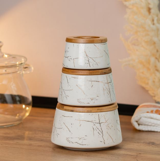 Ceramic Jar with Bamboo Lid 3 Pcs -