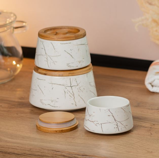 Ceramic Jar with Bamboo Lid 3 Pcs -
