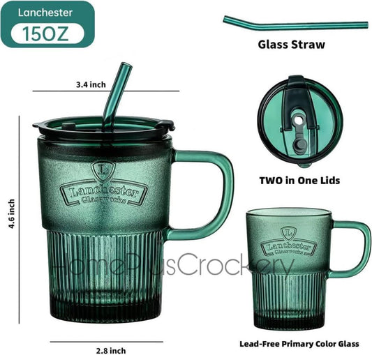 Green Glass Tumbler with Lid and Straw