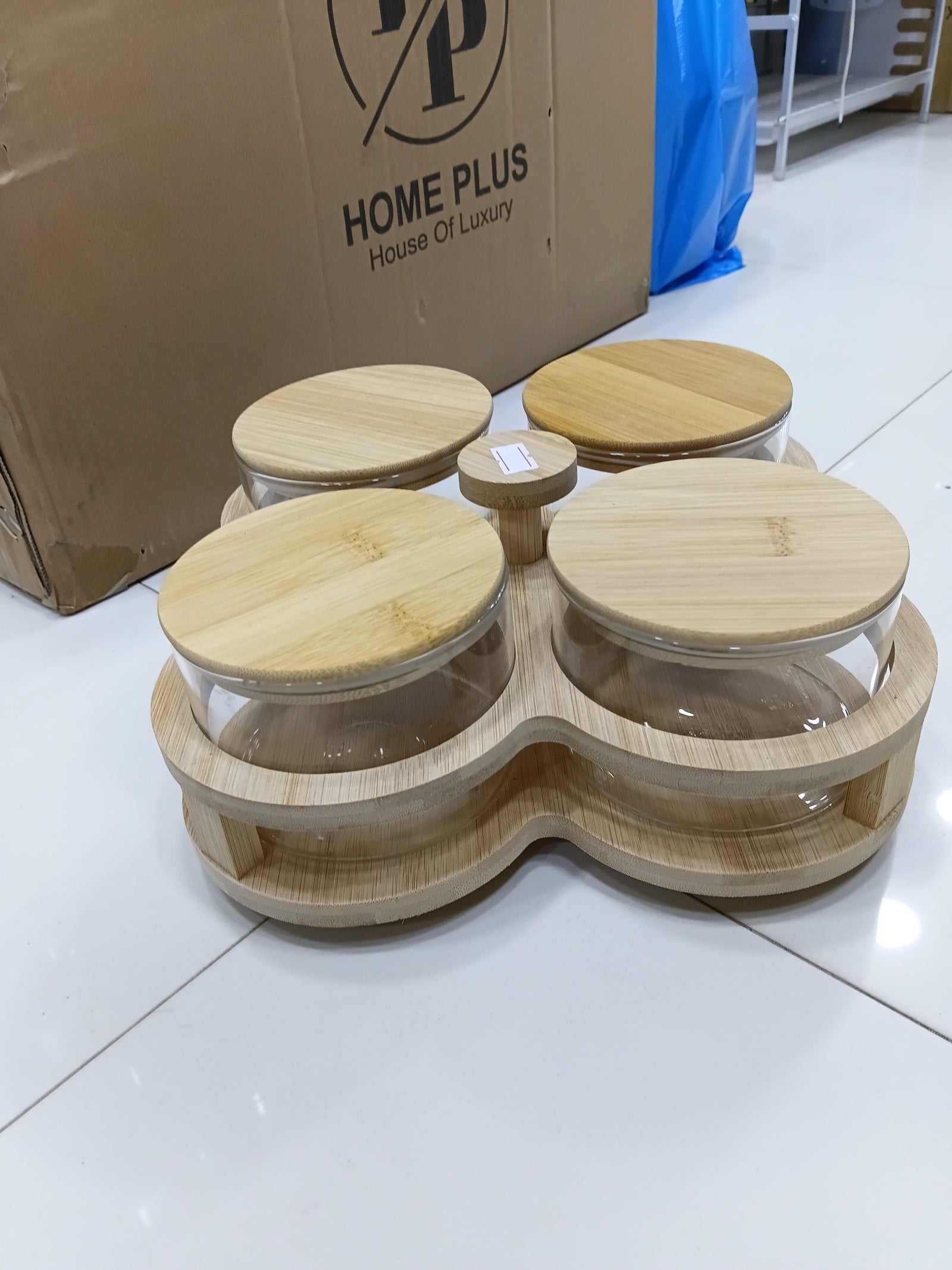 Glass Snack Bowl Set (8-11) – 4-Grid Divided Serving Tray with Bamboo Stand & Lids