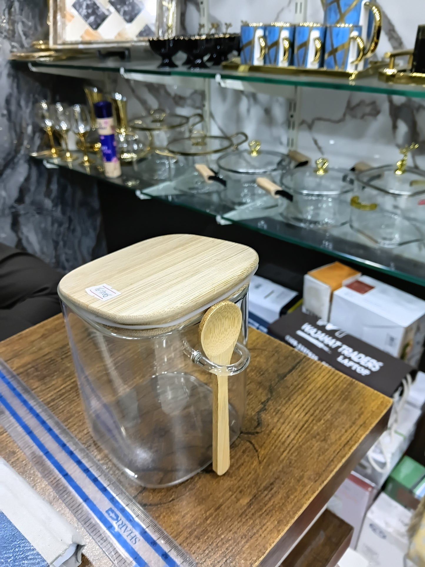 Glass Spice Canister (78-29) – Square Airtight Storage Jar with Bamboo Lid & Wooden Spoon
