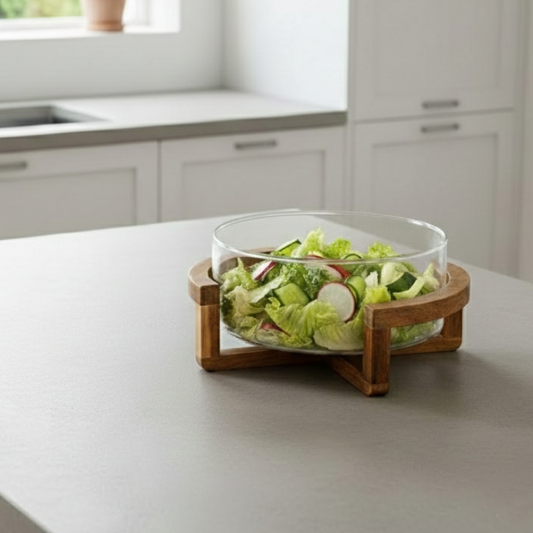 Classy Glass Serving Bowl with Wood Stand (1153)