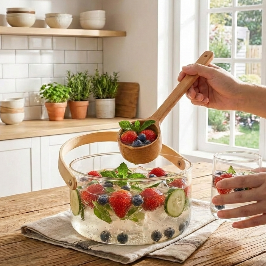 Elegant Glass Serving Bowl with Wood Handle (1161)