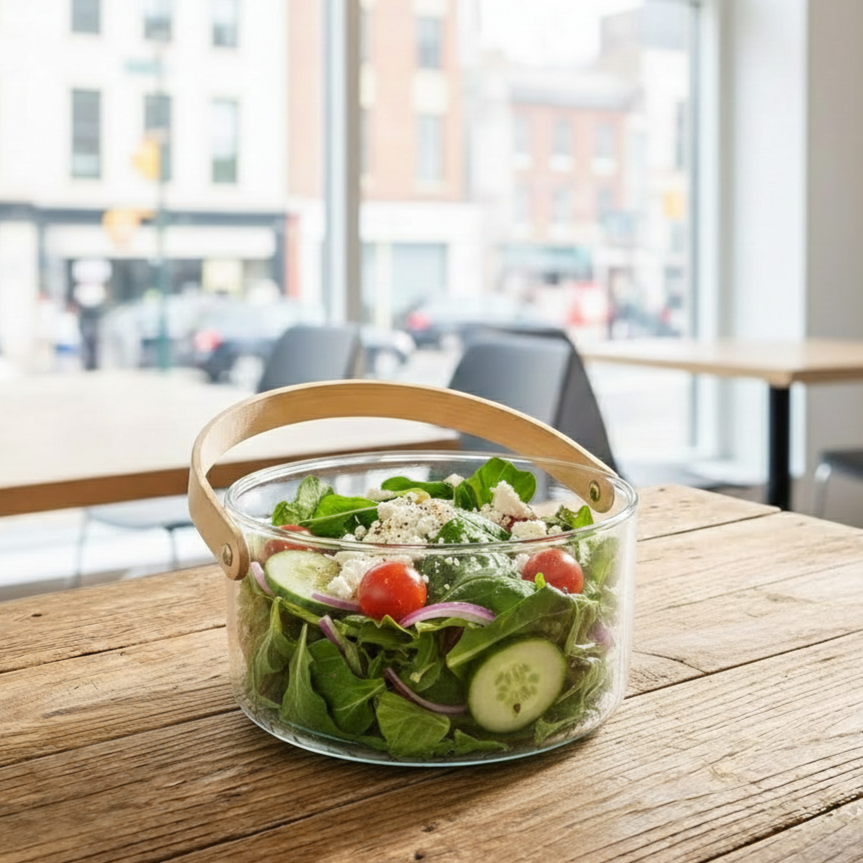Elegant Glass Serving Bowl with Wood Handle (1161)