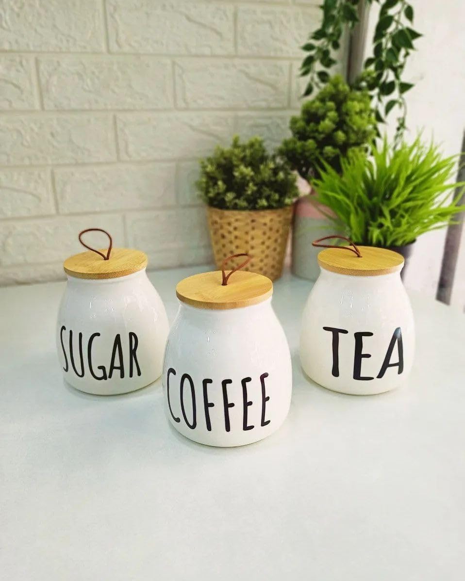 3  Pieces Tea coffee sugar on Stand Elegant Bamboo Wooden Set