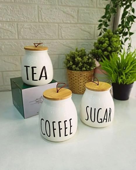 3  Pieces Tea coffee sugar on Stand Elegant Bamboo Wooden Set
