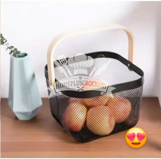 Storage Basket (78-28) – Square Wire Metal Organizer with Foldable Wooden Handle