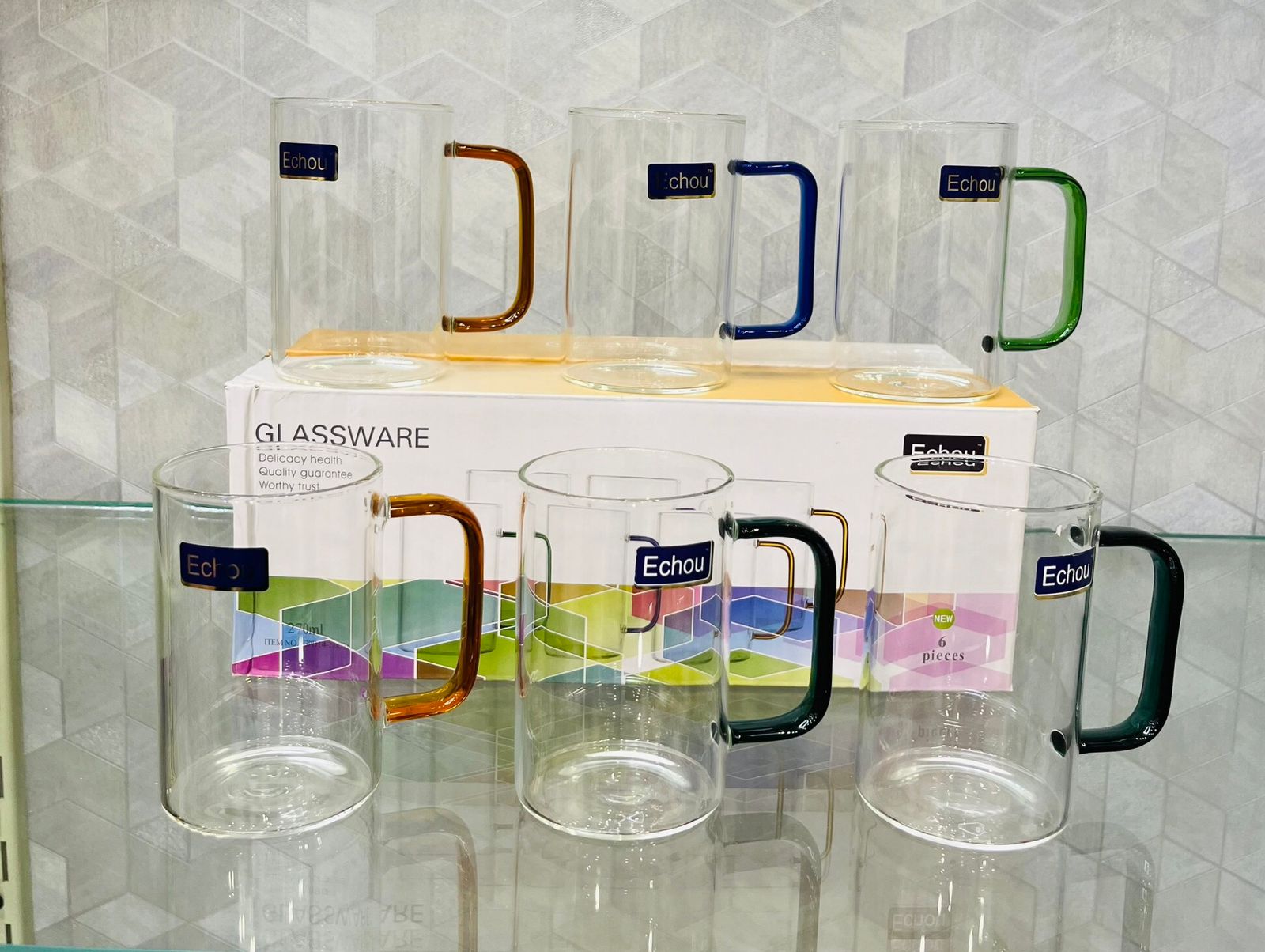 Glass Mugs Pack of 6 with comfortable grip handles