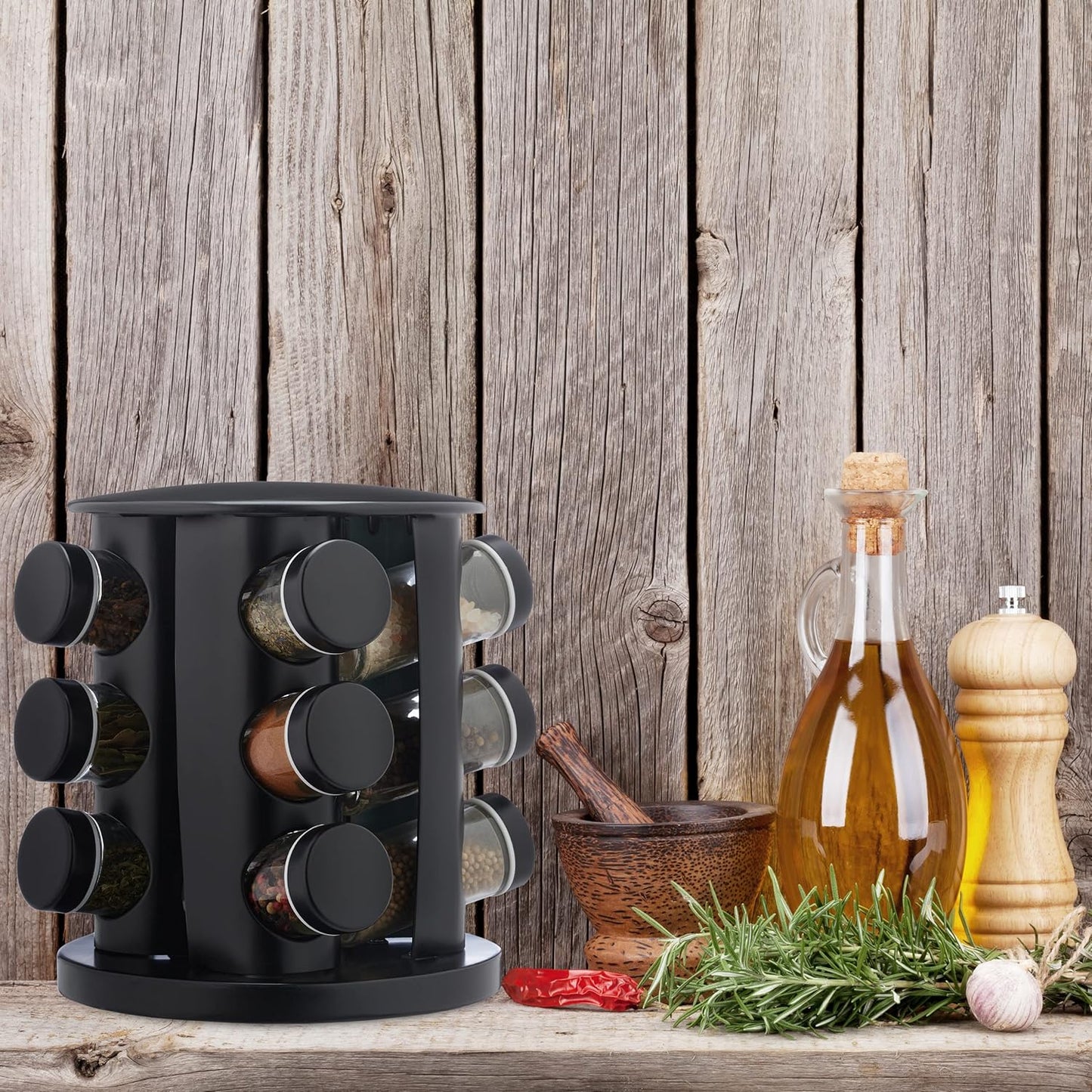 12 Pcs Revolving Spice Rack - Black