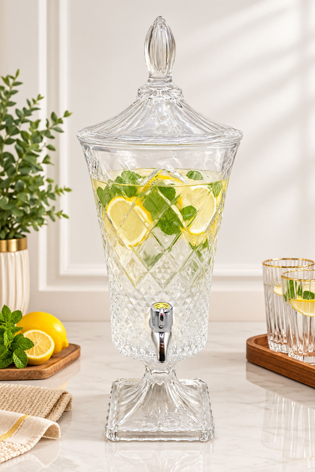 Clear Cut-Glass Beverage Dispenser with Chrome Tap