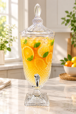 Lattice Cut Glass Beverage Dispenser with Chrome Tap