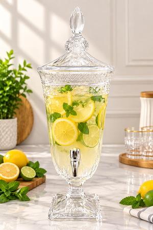 Crystal Cut Glass Beverage Dispenser with Chrome Tap