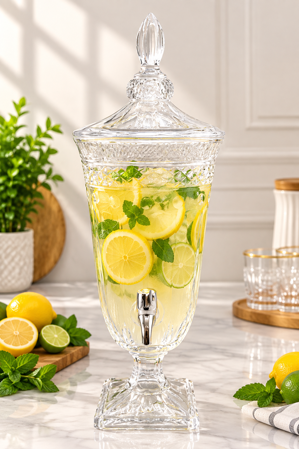 Crystal Cut Glass Beverage Dispenser with Chrome Tap