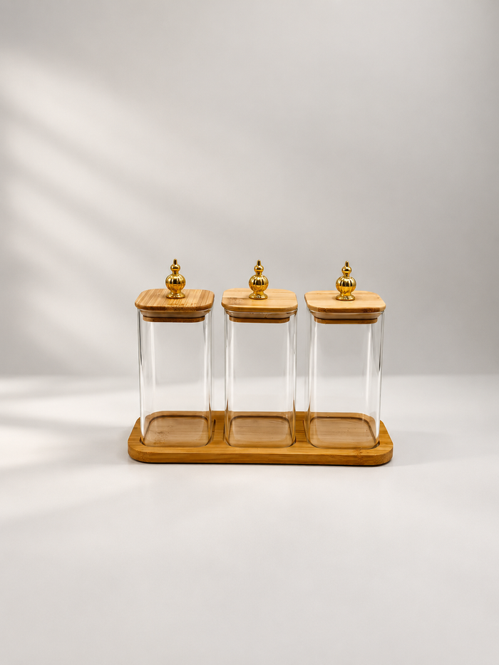 Glass jar set with gold knob lids and tray