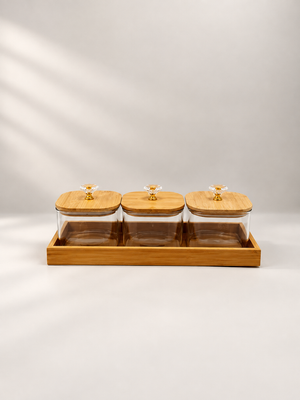 Square glass condiment set with bamboo tray