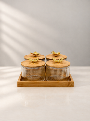 Glass jar set with golden butterfly bamboo lids