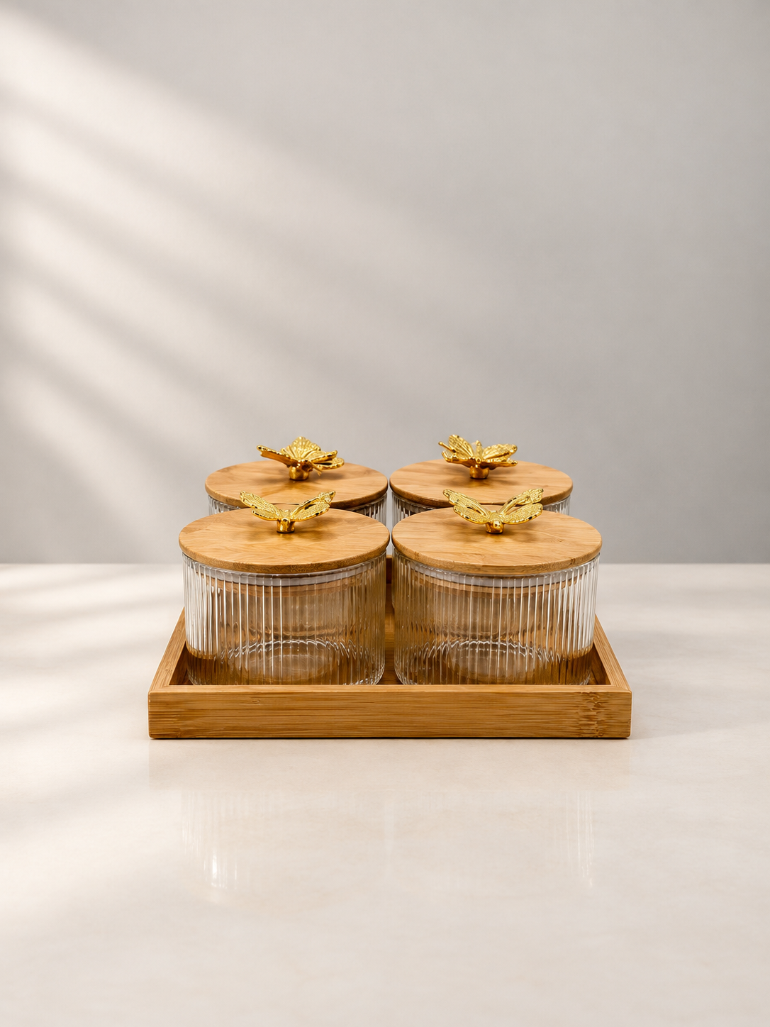 Glass jar set with golden butterfly bamboo lids