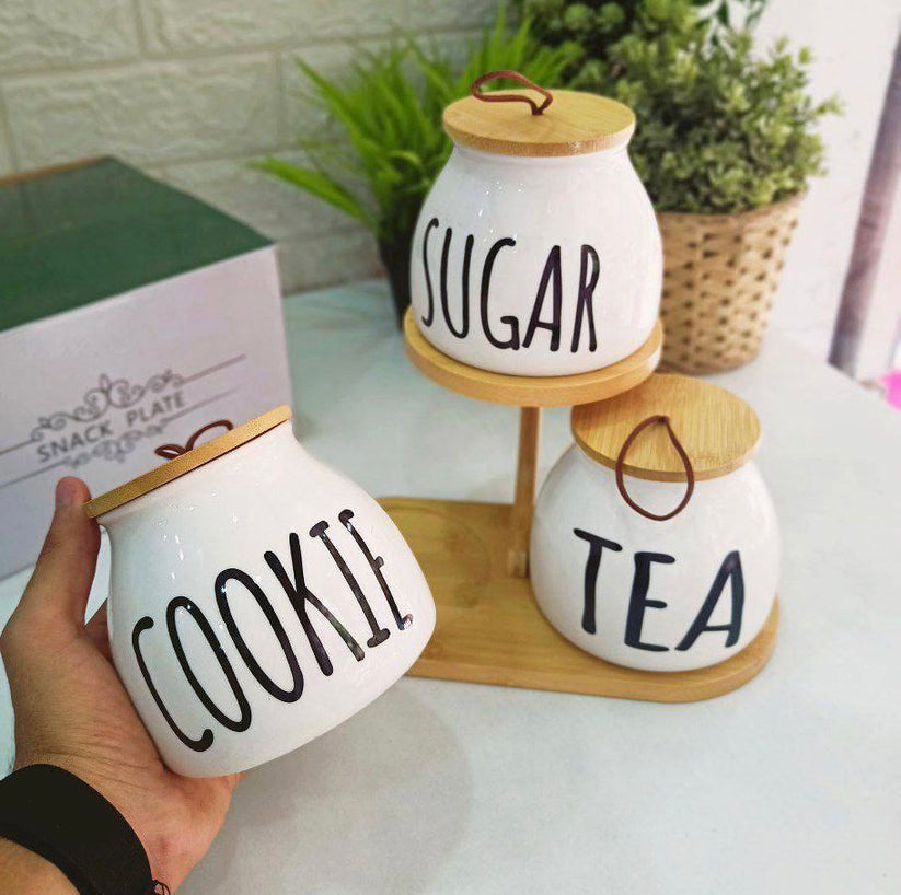 3  Pieces Tea coffee sugar on Stand Elegant Bamboo Wooden Set