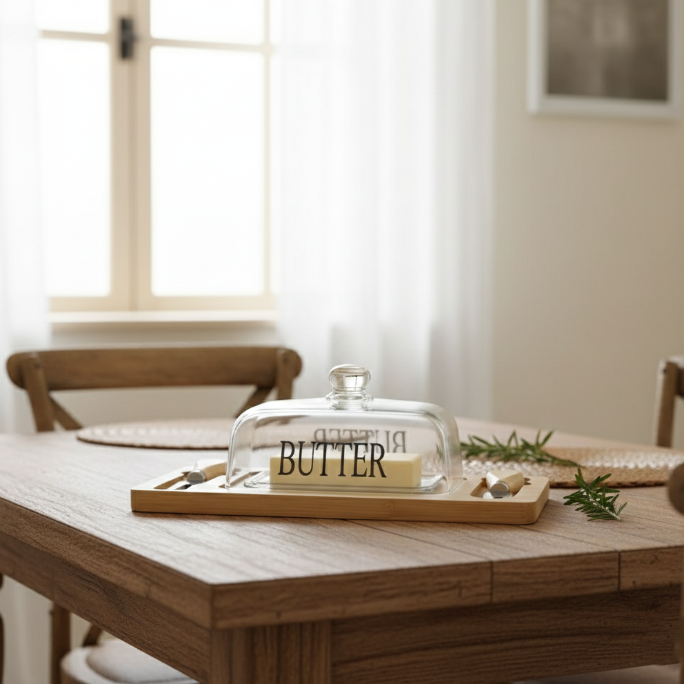 Glass Butter Dish with Bamboo Base & Dual Knives