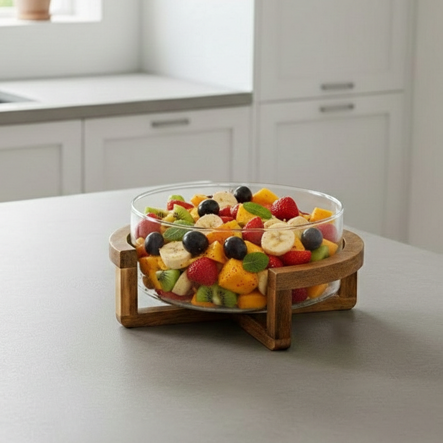 Classy Glass Serving Bowl with Wood Stand (1153)