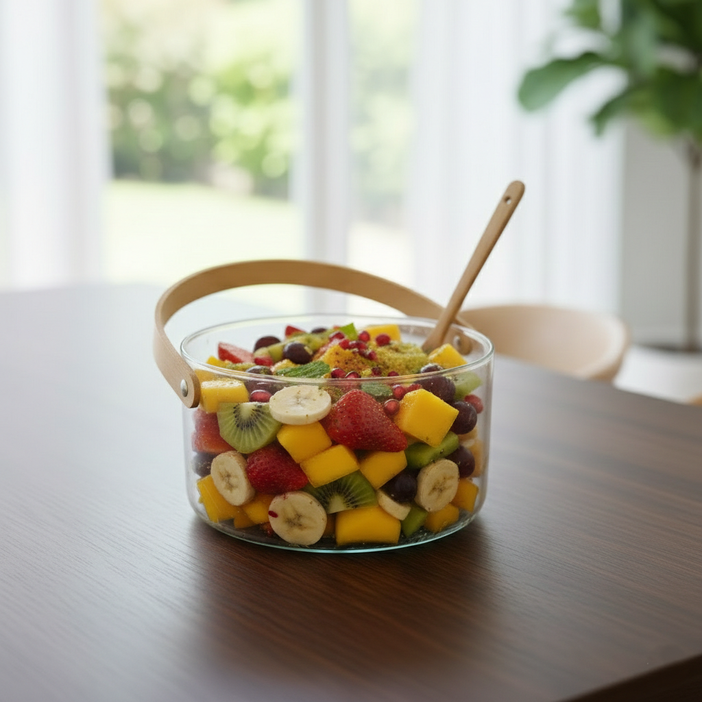 Elegant Glass Serving Bowl with Wood Handle (1161)