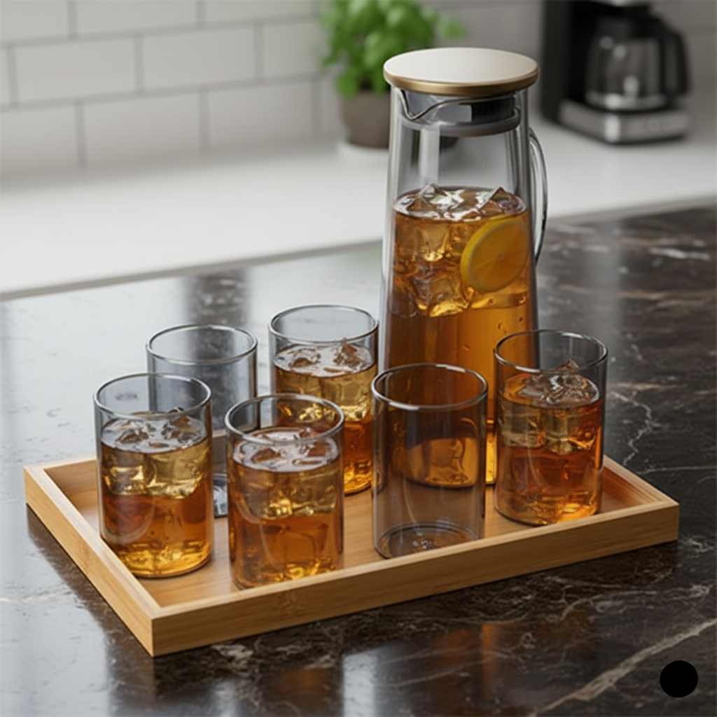 8 piece pitcher and glass set with bamboo tray