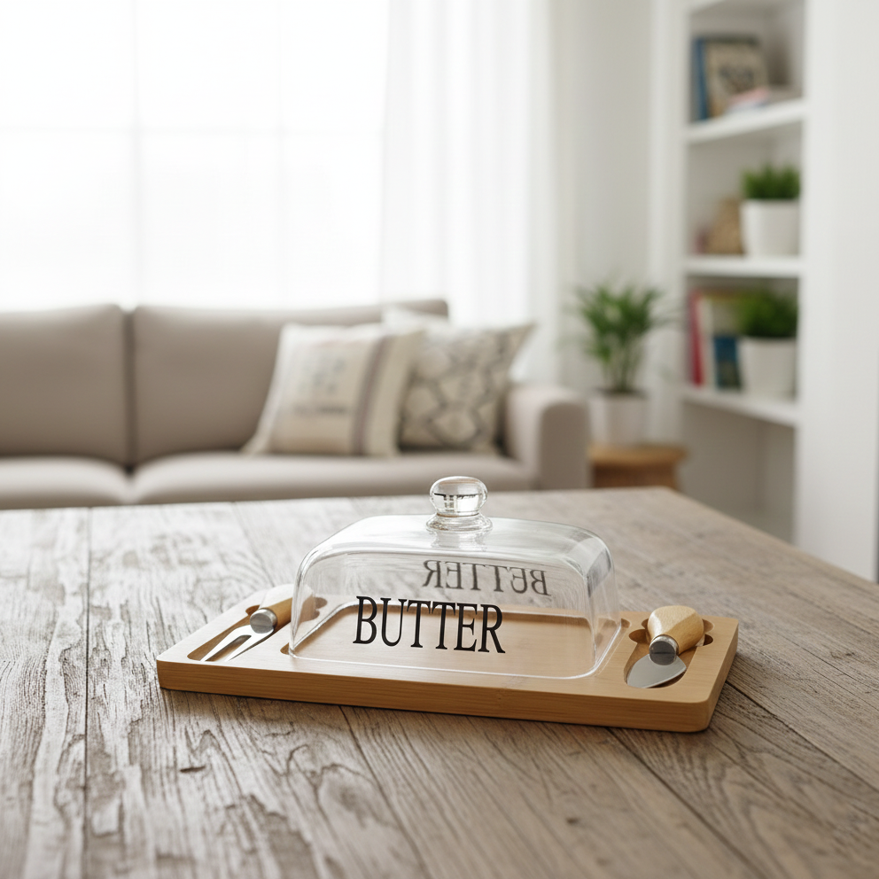 Glass Butter Dish with Bamboo Base & Dual Knives