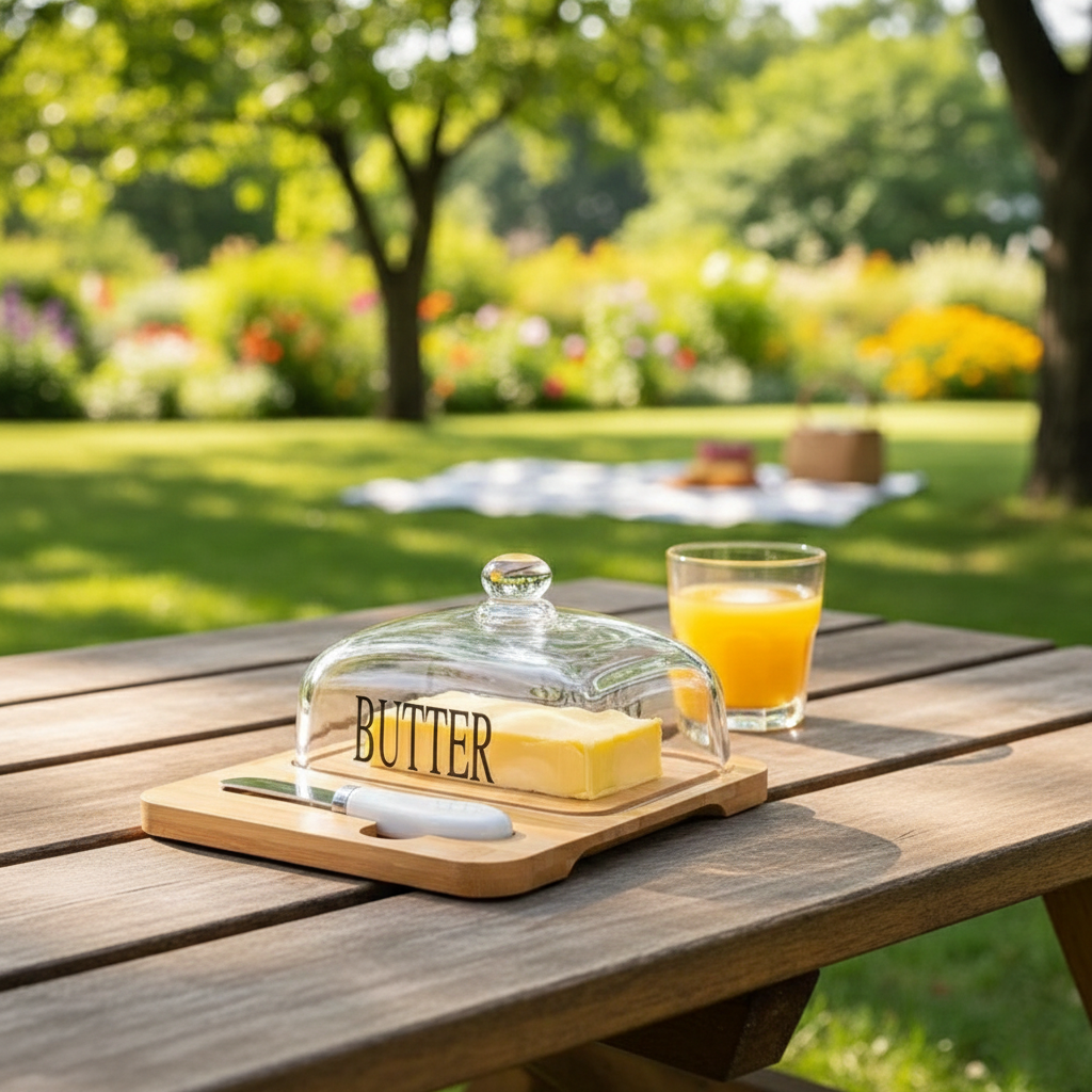 Glass Butter Dish with Bamboo Base & Knife