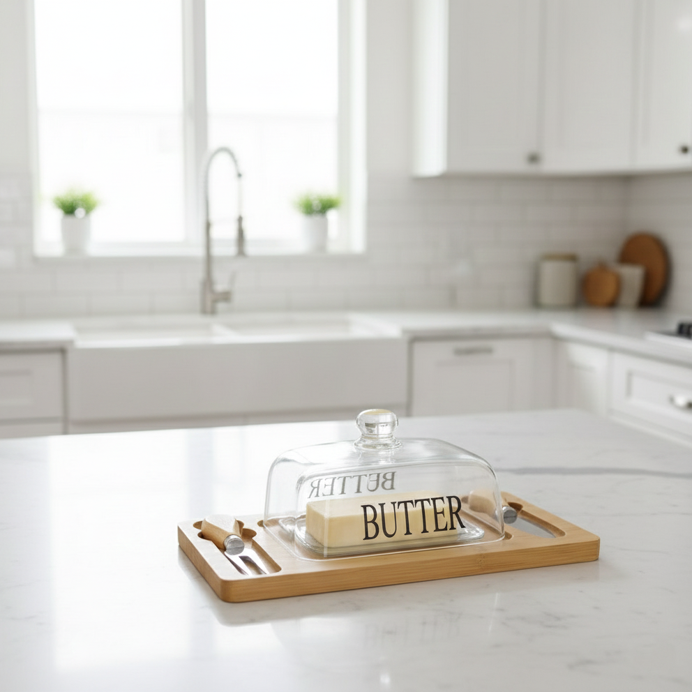 Glass Butter Dish with Bamboo Base & Dual Knives
