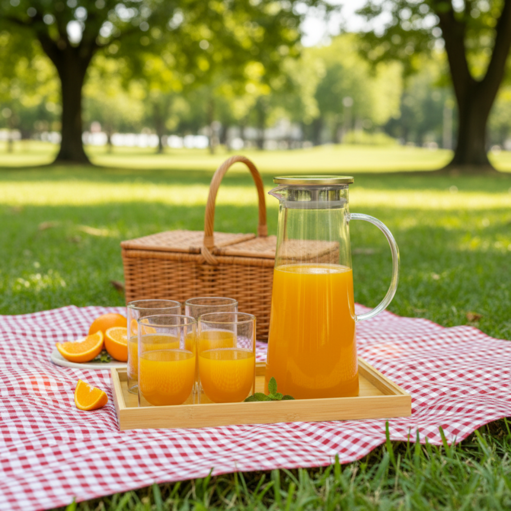8 piece pitcher and glass set with bamboo tray