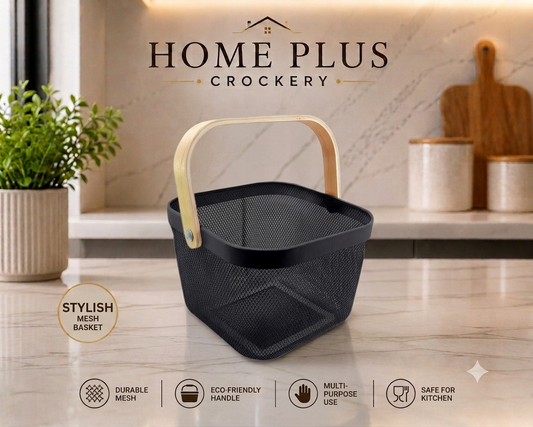 Storage Basket (78-28) – Square Wire Metal Organizer with Foldable Wooden Handle
