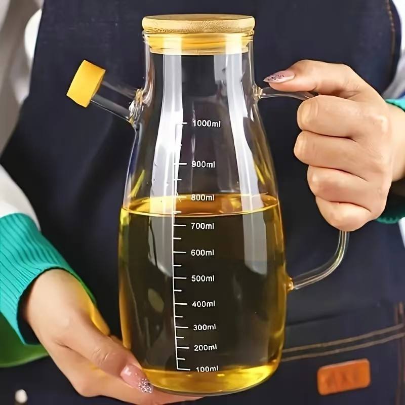 Glass Oil Dispenser Pitcher  – 1000ml Graduated Measuring Carafe with Bamboo Lid(GPY-02)