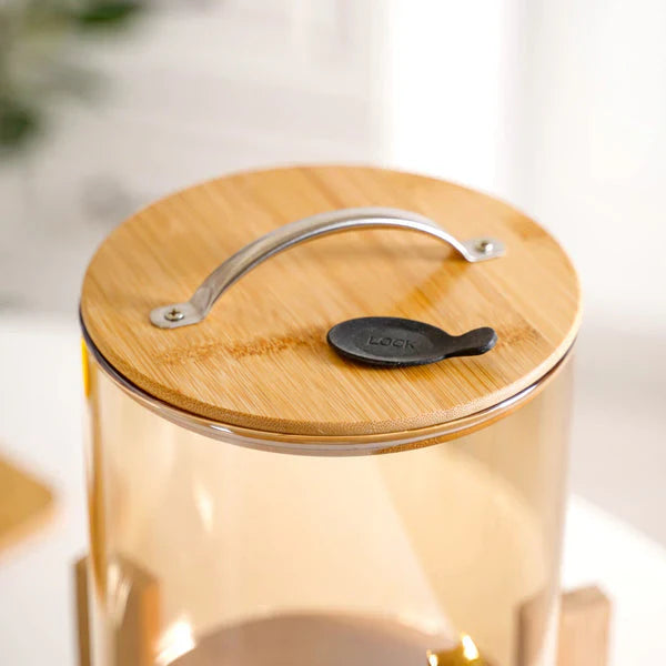 SunriseAmber Glass Dispenser with Airtight Lid and Bamboo Stand