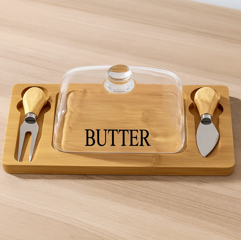 Glass Butter Dish with Bamboo Base & Dual Knives